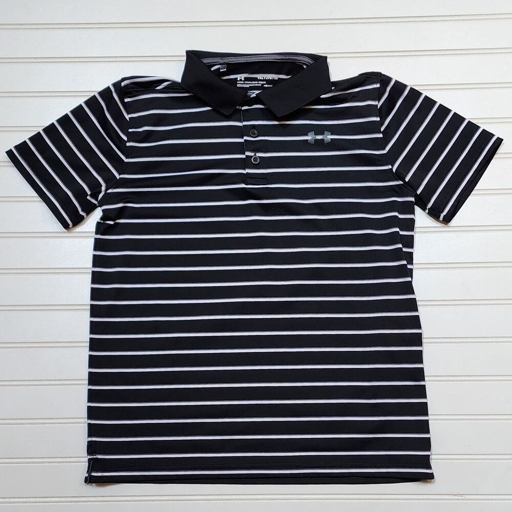 Under Armour Youth Heatgear Striped Athletic Polo Shirt Size YXL Black& White